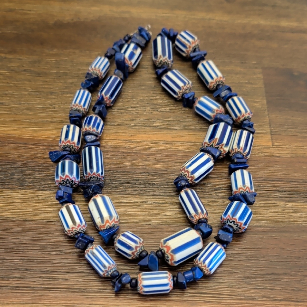 High Quality Lapis And blue & white Venetian Chevron trade Beaded Necklace